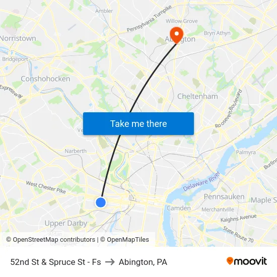 52nd St & Spruce St - Fs to Abington, PA map