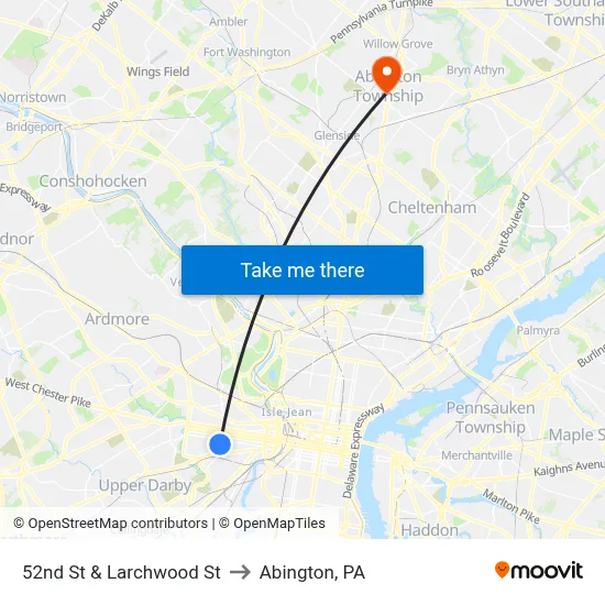 52nd St & Larchwood St to Abington, PA map