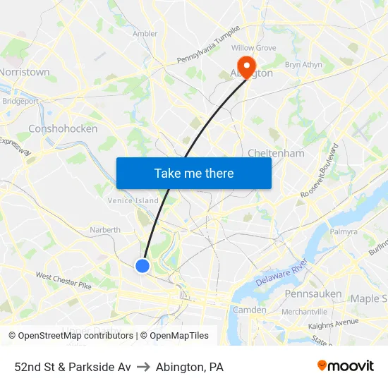52nd St & Parkside Av to Abington, PA map