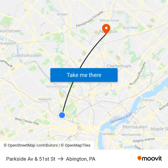 Parkside Av & 51st St to Abington, PA map