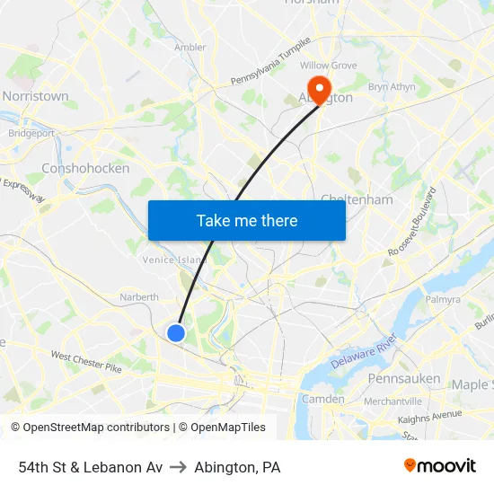 54th St & Lebanon Av to Abington, PA map