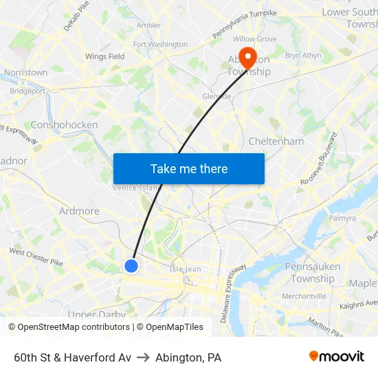 60th St & Haverford Av to Abington, PA map