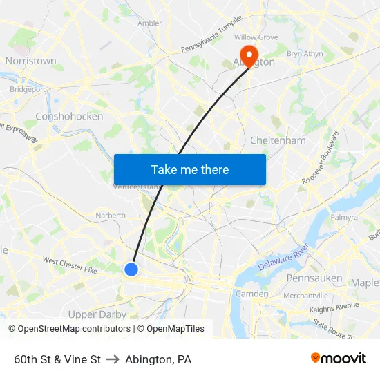 60th St & Vine St to Abington, PA map