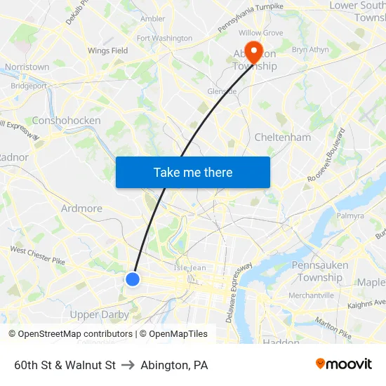 60th St & Walnut St to Abington, PA map