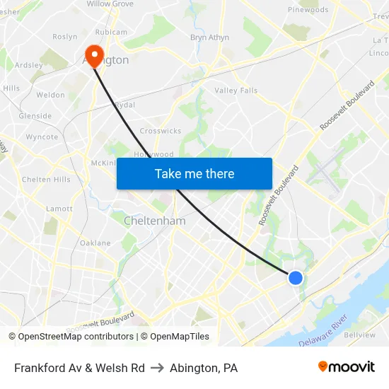 Frankford Av & Welsh Rd to Abington, PA map