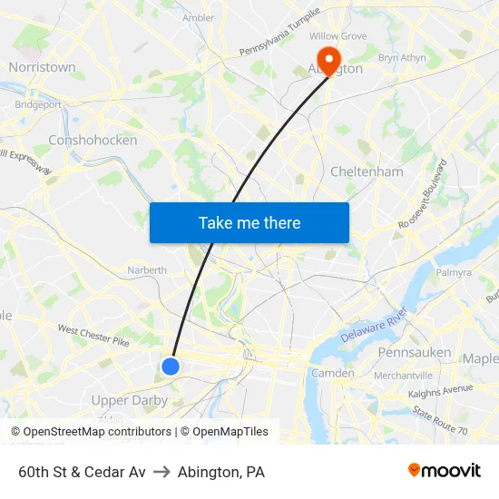 60th St & Cedar Av to Abington, PA map