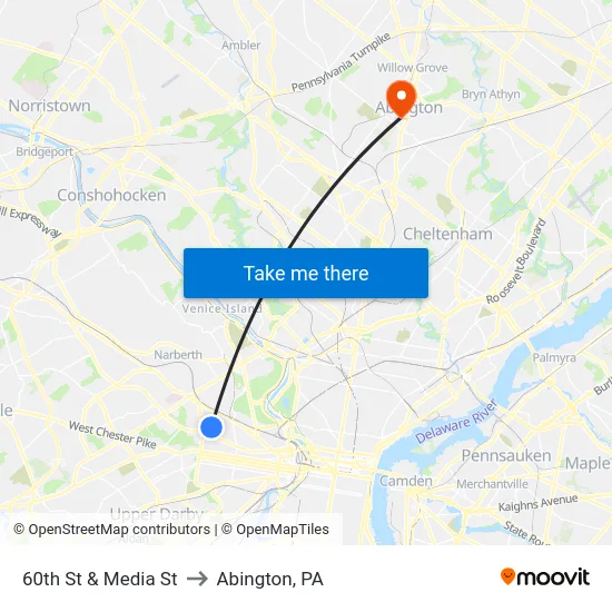 60th St & Media St to Abington, PA map