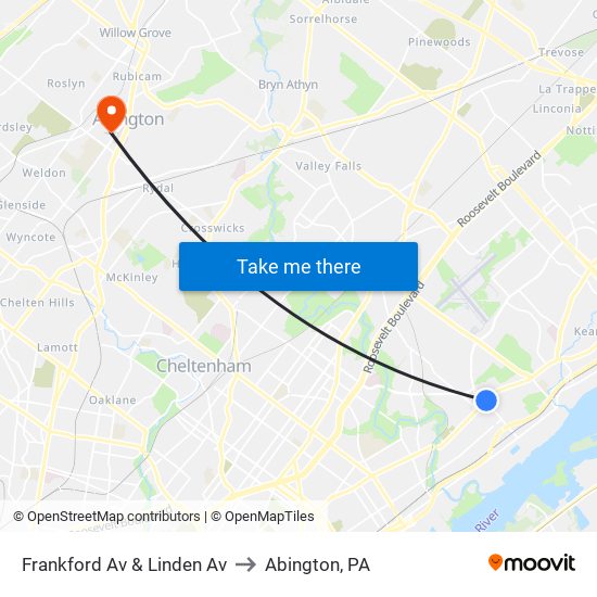 Frankford Av & Linden Av to Abington, PA map