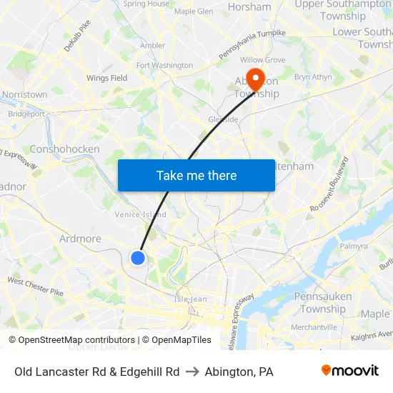 Old Lancaster Rd & Edgehill Rd to Abington, PA map