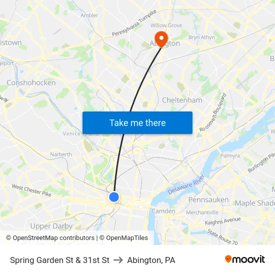 Spring Garden St & 31st St to Abington, PA map