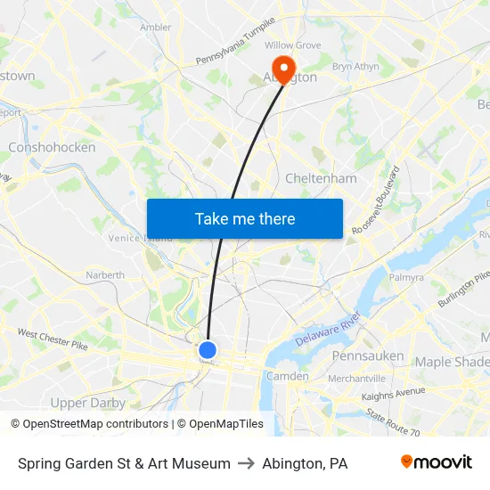 Spring Garden St & Art Museum to Abington, PA map