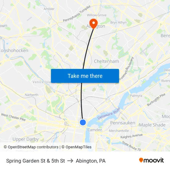 Spring Garden St & 5th St to Abington, PA map
