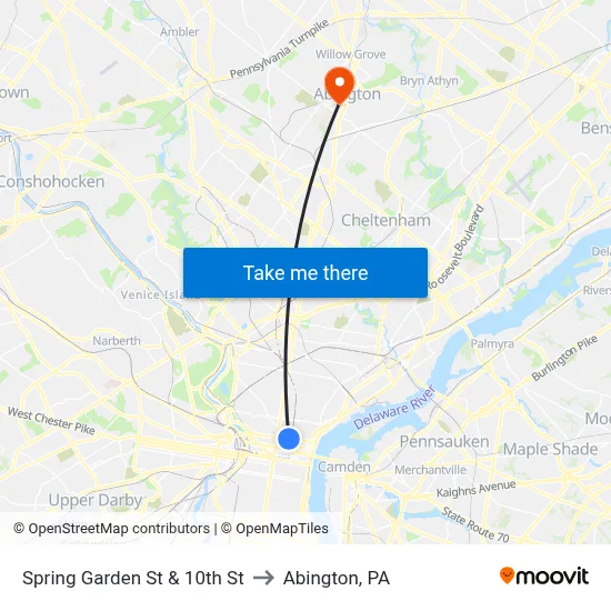 Spring Garden St & 10th St to Abington, PA map