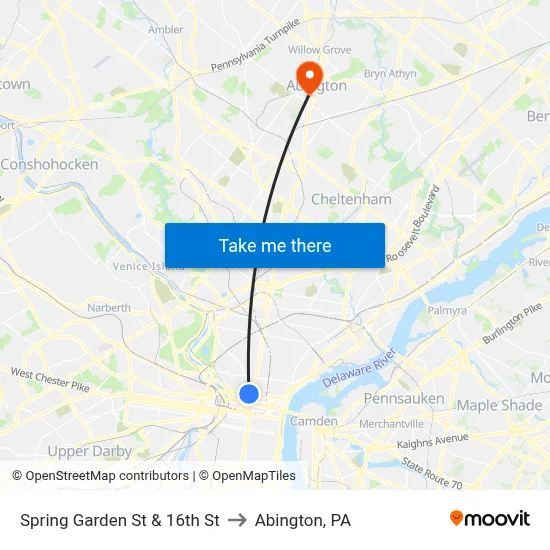 Spring Garden St & 16th St to Abington, PA map