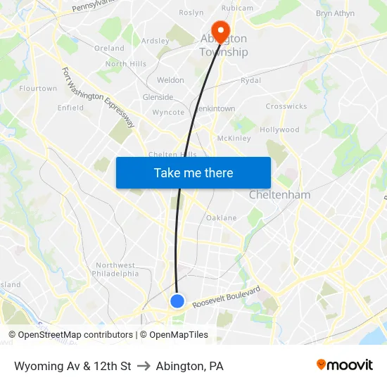 Wyoming Av & 12th St to Abington, PA map