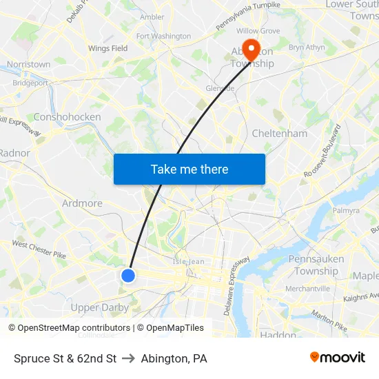 Spruce St & 62nd St to Abington, PA map