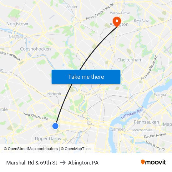 Marshall Rd & 69th St to Abington, PA map