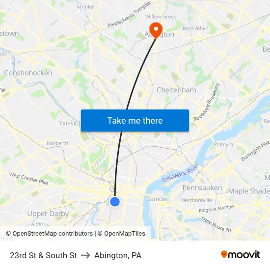 23rd St & South St to Abington, PA map