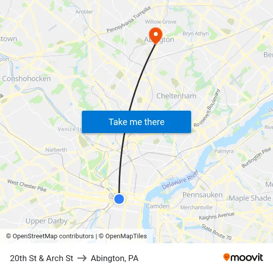 20th St & Arch St to Abington, PA map