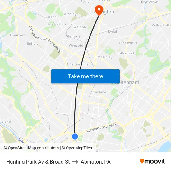 Hunting Park Av & Broad St to Abington, PA map