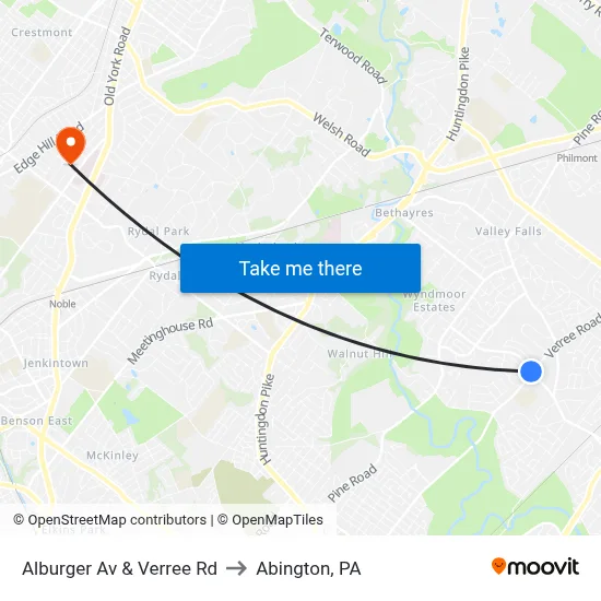 Alburger Av & Verree Rd to Abington, PA map