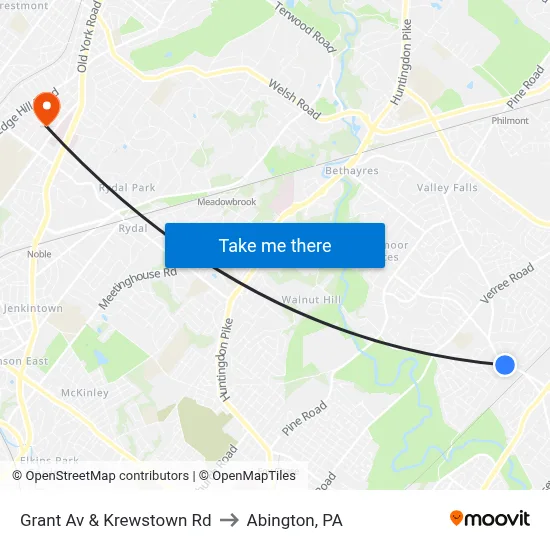 Grant Av & Krewstown Rd to Abington, PA map