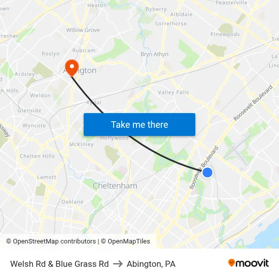 Welsh Rd & Blue Grass Rd to Abington, PA map