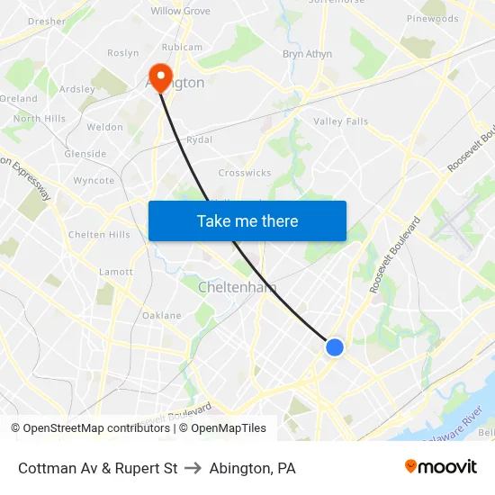 Cottman Av & Rupert St to Abington, PA map