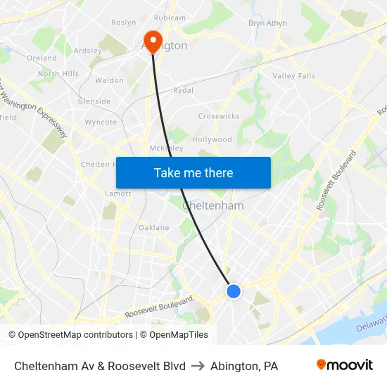Cheltenham Av & Roosevelt Blvd to Abington, PA map
