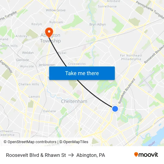 Roosevelt Blvd & Rhawn St to Abington, PA map
