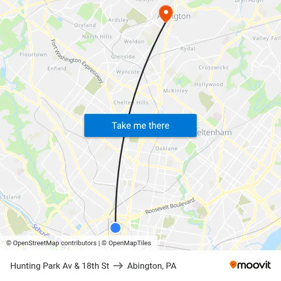 Hunting Park Av & 18th St to Abington, PA map