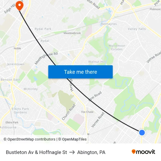 Bustleton Av & Hoffnagle St to Abington, PA map