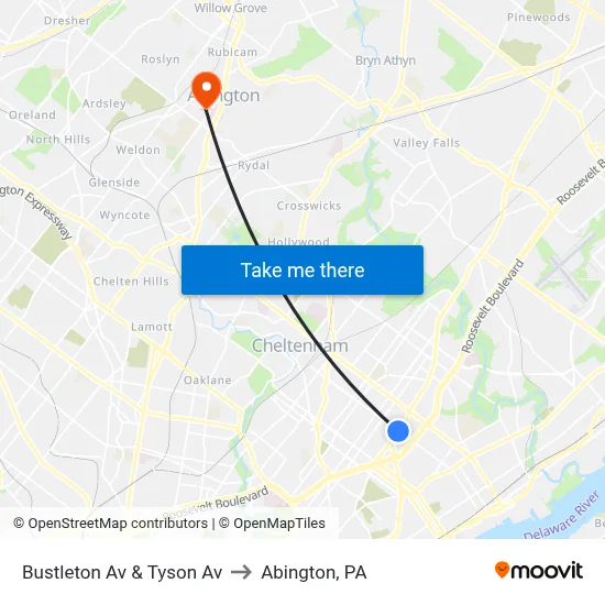 Bustleton Av & Tyson Av to Abington, PA map