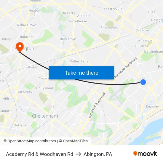 Academy Rd & Woodhaven Rd to Abington, PA map