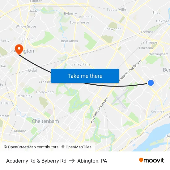 Academy Rd & Byberry Rd to Abington, PA map
