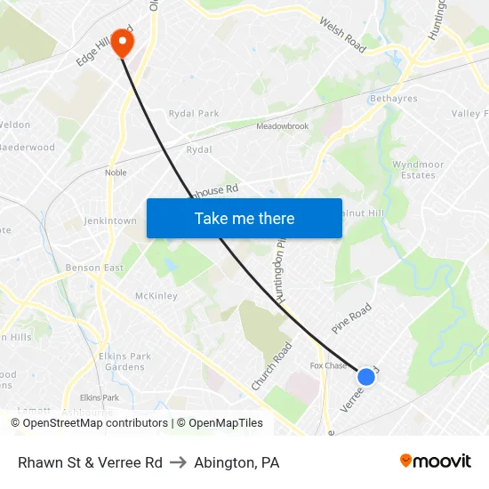 Rhawn St & Verree Rd to Abington, PA map
