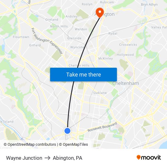 Wayne Junction to Abington, PA map
