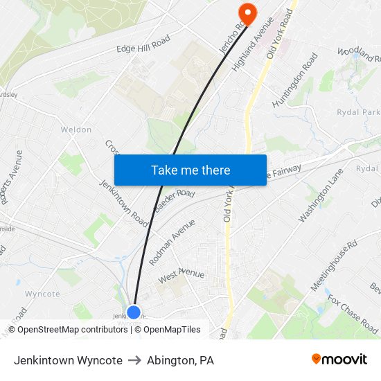 Jenkintown Wyncote to Abington, PA map