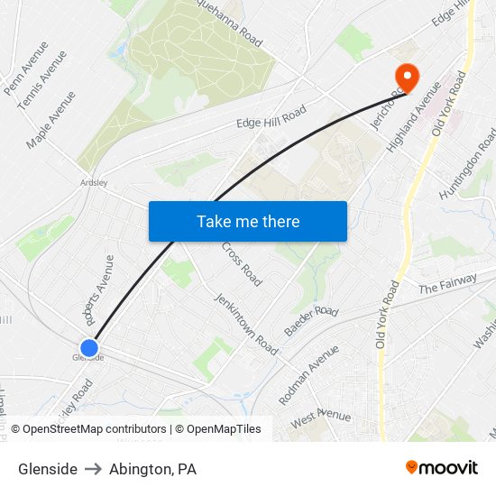 Glenside to Abington, PA map