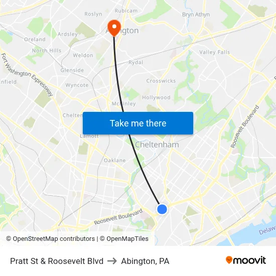 Pratt St & Roosevelt Blvd to Abington, PA map