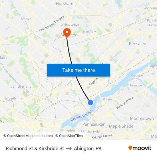 Richmond St & Kirkbride St to Abington, PA map