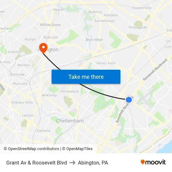 Grant Av & Roosevelt Blvd to Abington, PA map