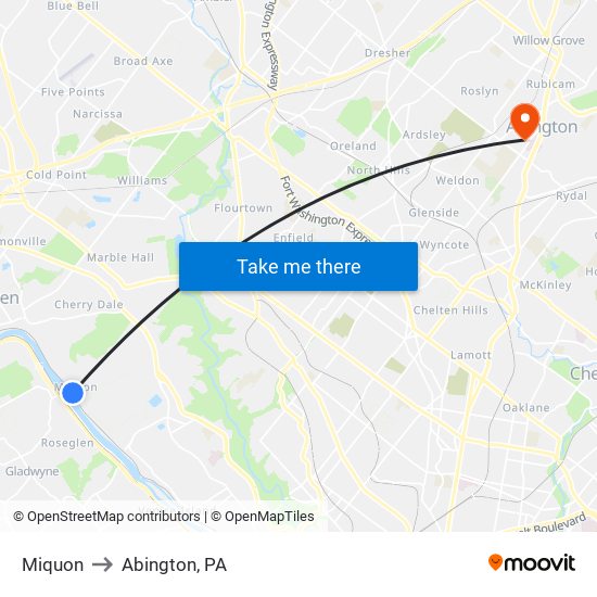 Miquon to Abington, PA map