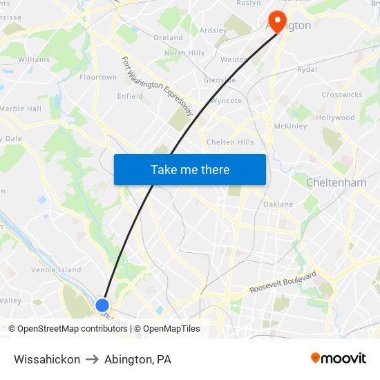 Wissahickon to Abington, PA map