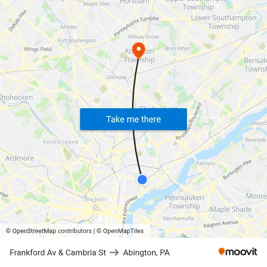 Frankford Av & Cambria St to Abington, PA map