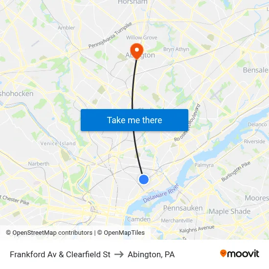 Frankford Av & Clearfield St to Abington, PA map