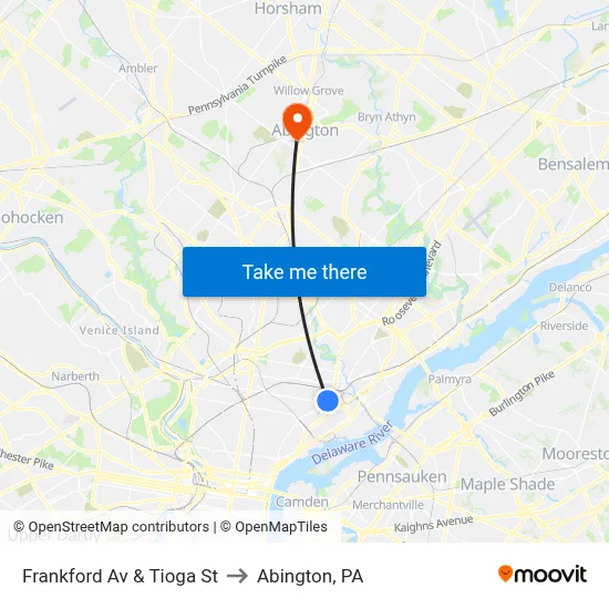 Frankford Av & Tioga St to Abington, PA map