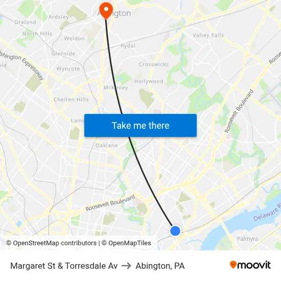 Margaret St & Torresdale Av to Abington, PA map
