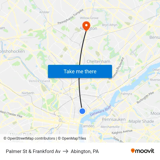 Palmer St & Frankford Av to Abington, PA map