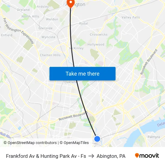 Frankford Av & Hunting Park Av - Fs to Abington, PA map
